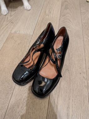 JONAK Black Patent Mary Jane Heels with Double Straps